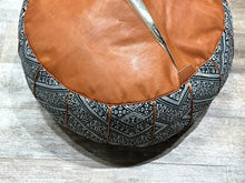 Load image into Gallery viewer, ottoman pouf, boho coffee table, round ottoman, pouf for living room, footstool cover, floor pillow, moroccan wool pouf, leather chair,  round footstool, handwoven wool pouf, berber ottoman, handcrafted gifts
