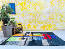 Load image into Gallery viewer, Black rug morocco, handmade rug wool, wool area rug, tufted rug, rug living room 5x8, sheep wool rug, berber rug blue, scandinavian decor, Black wool rug, Boujaad rug, boujaad rug, handwoven carpet, moroccan rug 5x8