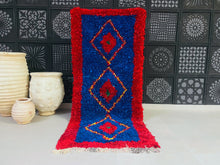 Load image into Gallery viewer, Handmade Moroccan Boucherouite runner with vibrant blue and red colors

