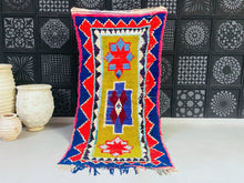 Load image into Gallery viewer, Vintage Moroccan rug in bold red, blue, and mustard tones

