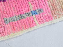 Load image into Gallery viewer, Handcrafted Moroccan rug with vibrant pink and green elements.
