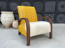 Load image into Gallery viewer, Handcrafted Moroccan walnut chair with kilim upholstery.

