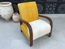 Load image into Gallery viewer, Vintage-inspired accent chair with mustard and ivory woven fabric.

