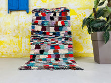 Load image into Gallery viewer, Moroccan Boucherouite rug, Berber Boucherouite rug, vintage Boucherouite rug, colorful Boucherouite rug, handmade Boucherouite rug, handmade fabric rug, Moroccan carpet, Moroccan wool rug, children&#39;s bedroom rug, bohemian rug, beni ourain rug, pink azilal rug, abstract rug
