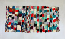Load image into Gallery viewer, Moroccan Boucherouite rug, Berber Boucherouite rug, vintage Boucherouite rug, colorful Boucherouite rug, handmade Boucherouite rug, handmade fabric rug, Moroccan carpet, Moroccan wool rug, children&#39;s bedroom rug, bohemian rug, beni ourain rug, pink azilal rug, abstract rug
