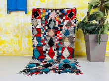 Load image into Gallery viewer, Boucherouite Moroccan Rug, Handwoven Boucherouite Rug, Colorful Moroccan Rug, Eco-friendly Moroccan Rug, Bohemian Moroccan Rug, Moroccan Rag Rug, Unique Moroccan Rug, Vibrant Moroccan Decor, Moroccan Artisan Rug, Moroccan Recycled Material Rug, Sustainable Home Decor Rug, Moroccan Floor Art Rug
