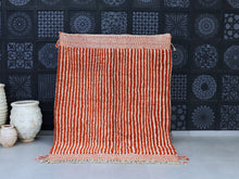 Load image into Gallery viewer, Moroccan wool rug, Berber striped rug, handmade Boho rug, orange wool rug, bohemian decor rug, Moroccan area rug, modern wool rug, handmade rugs, Moroccan Berber decor, striped area rug, Moroccan home accents, natural wool rug, artisan Moroccan rugs
