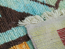 Load image into Gallery viewer, Handwoven wool runner rug featuring bold pink, orange, and green designs.
