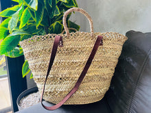 Load image into Gallery viewer, straw bag Handmade French Basket Moroccan Basket french market basket, Beach Bag - Natural Basket long Flat Leather Handle
