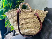 Load image into Gallery viewer, straw bag Handmade French Basket Moroccan Basket french market basket, Beach Bag - Natural Basket long Flat Leather Handle
