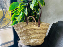 Load image into Gallery viewer, straw bag Handmade French Basket Moroccan Basket french market basket, Beach Bag - Natural Basket long Flat Leather Handle
