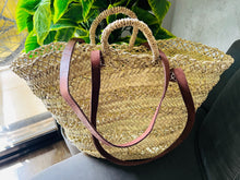 Load image into Gallery viewer, straw bag Handmade French Basket Moroccan Basket french market basket, Beach Bag - Natural Basket long Flat Leather Handle
