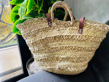 Load image into Gallery viewer, straw bag Handmade French Basket Moroccan Basket french market basket, Beach Bag - Natural Basket long Flat Leather Handle
