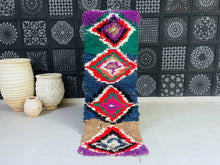 Load image into Gallery viewer, Vintage Moroccan Boucherouite rug measuring 2.4x7 ft with colorful diamond motifs.
