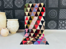 Load image into Gallery viewer, Vintage Moroccan Boucherouite rug measuring 2.4x6 ft with colorful triangle patterns.
