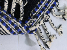 Load image into Gallery viewer, beni ourain pouf, moroccan pouf, wool floor cushion, boho pouf, handwoven pouf, black pouf, tribal decor, berber pouf, square seat, wool ottoman, modern moroccan, black and blue pouf, floor pillow


