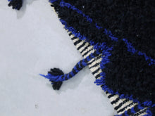 Load image into Gallery viewer, beni ourain pouf, moroccan pouf, wool floor cushion, boho pouf, handwoven pouf, black pouf, tribal decor, berber pouf, square seat, wool ottoman, modern moroccan, black and blue pouf, floor pillow


