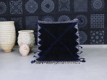 Load image into Gallery viewer, beni ourain pouf, moroccan pouf, wool floor cushion, boho pouf, handwoven pouf, black pouf, tribal decor, berber pouf, square seat, wool ottoman, modern moroccan, black and blue pouf, floor pillow


