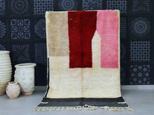 Load image into Gallery viewer, Abstract Moroccan wool rug with bold red and pink geometric design.
