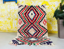 Load image into Gallery viewer, Moroccan rug, Moroccan area rug, hand woven rug, boucherouite rug, Tapis Berbere, floor rug, boucherouite style, small rug, bedroom rug, wool moroccan rug, Vintage boucherouite, handmade rug, colorful rug
