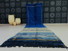 Load image into Gallery viewer, blue rug, moroccan rug, beni ourain rug, vintage rug, berber rug, washable rug, traditional rug, beni rug, the wool rug, boho rug, home decor , living room rug, runner rug, large rug 
