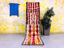 Load image into Gallery viewer, moroccan rug runner, colorful rug, wool nursery rug, narrow runner rug, hand woven rug, shaggy wool rug, berber runner carpet, custom runner rug, washable runner rug, checkered runner rug, 3x9 runner rugs, boujaad rugs runner, bohemian red rug