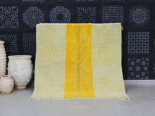 Load image into Gallery viewer, Handmade Moroccan Beni Ourain rug with bright yellow stripe and tribal diamonds


