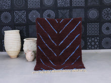 Load image into Gallery viewer, Handwoven Beni Ourain rug in burgundy wool with blue chevron pattern


