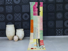 Load image into Gallery viewer, Abstract Moroccan wool runner rug with vibrant multicolor geometric patterns.
